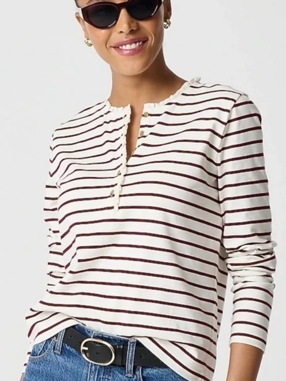 J.Crew Maroon Stripe Ruffle Henley Long Sleeve Top NWT M